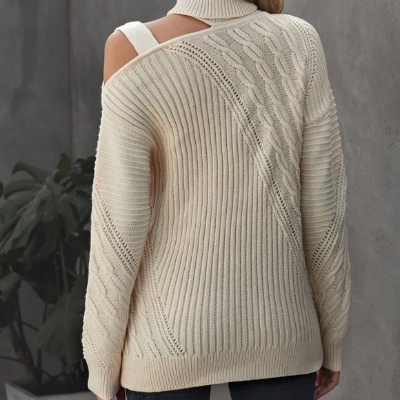 Cold Shoulder Turtleneck Sweater Pullover creme - Picture 4 of 5